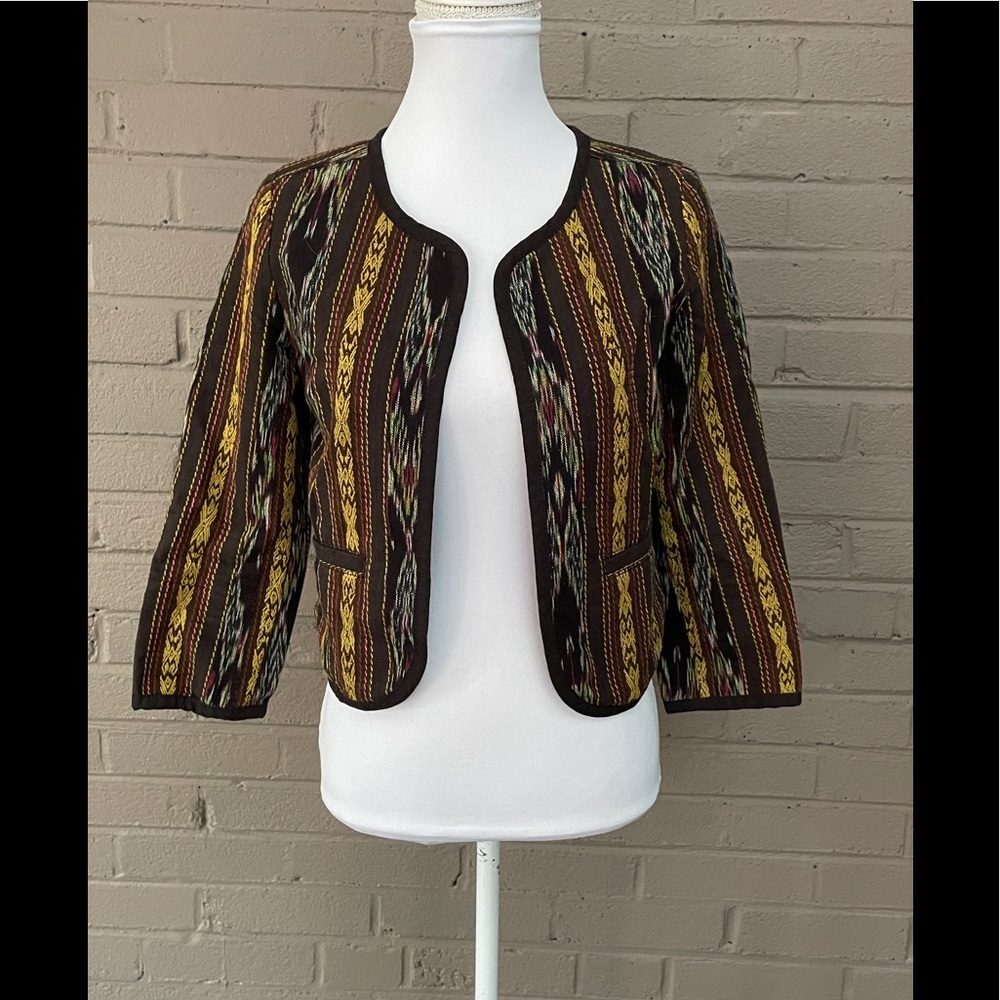 Rubbish Open Front Ikat Boho Cotton Crop Blazer